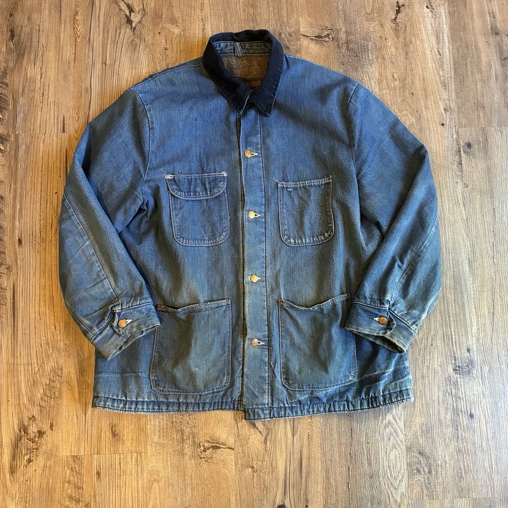 Vintage 60s Wrangler Denim Chore Jacket Corduroy Collar Size 48 Blanket Lined